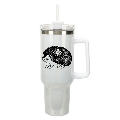 Elanze Designs 40 Ounce Travel Tumbler With Straw and Lid Stainless Steel Double Wall Insulated Woodland Floral Hedgehog White Glitter