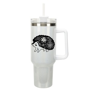 Elanze Designs 40 Ounce Travel Tumbler With Straw and Lid Stainless Steel Double Wall Insulated Woodland Floral Hedgehog White Glitter - 1 of 4