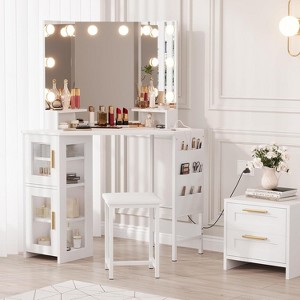 Modern Corner Vanity Desk & Stool Set –With LED Lighted Mirror, Built-In Charging Station & Cabinet for Bedroom - 1 of 4