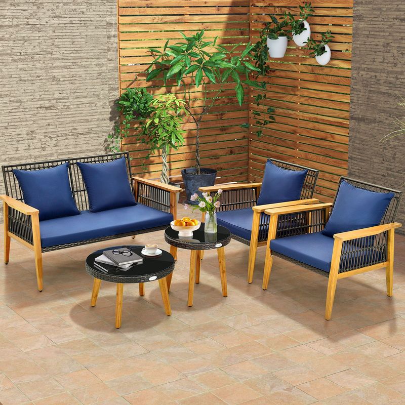 Costway 5PCS Outdoor Rattan Woven Conversation Set Stable Acacia Wood Frame for Backyard Navy/Beige, 1 of 11