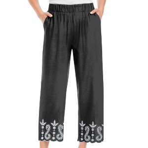 Collections Etc Embroidered & Scalloped Hem Elasticized Waist Capris - 1 of 4