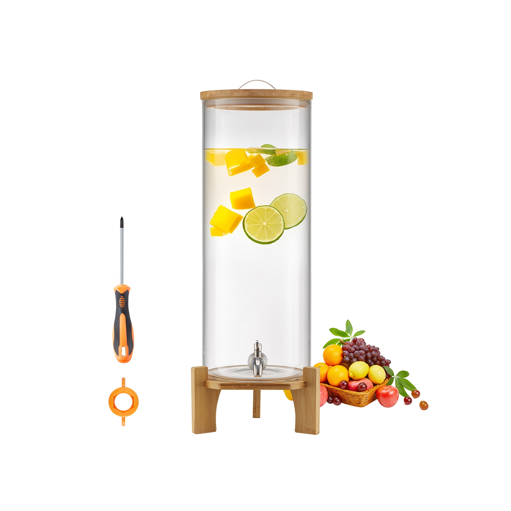 VEVOR Beverage Dispenser, 3.5 Gallon Drink Dispensers for Parties, Glass Juice Dispenser with Wood Stand, Stainless Steel Spigot, Clear