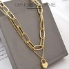 Paperclip Chain Layered Necklace for Women Heart Lock Pendant Gold over Stainless Steel Adjustable up to 21" - 2 of 4