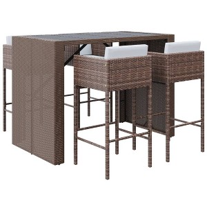 vidaXL Patio Bar Set 5 Piece Wicker Table and Stool with Cushions Poly Rattan - Brown - 1 of 4