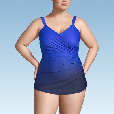 Lands' End Women's Plus Size DD-Cup Slender V-Neck Tummy Control Chlorine Resistant Skirted One Piece Swimsuit