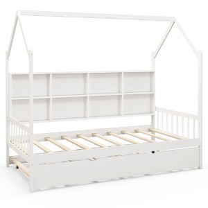 Tangkula Twin House Daybed with Trundle Wooden Bed 8 Storage Shelf Compartments White - 1 of 4