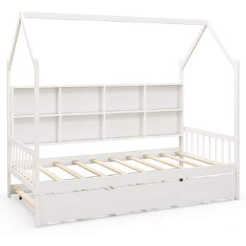 Tangkula Twin House Daybed with Trundle Wooden Bed 8 Storage Shelf Compartments White