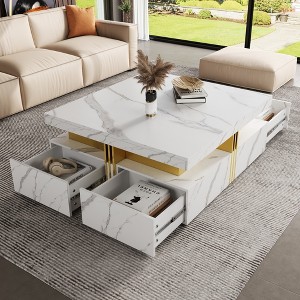 43.3" MDF Modern Square Coffee Table with 4 Drawers and Gold Accents for Living Room, Apartment, or Lounge - 1 of 4