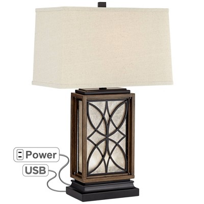 Franklin Iron Works Rustic Table Lamp with USB and AC Power Outlet in Base LED Nightlight Bronze Oatmeal Shade for Living Room