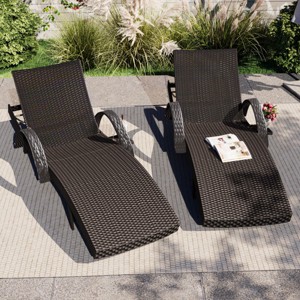 Set Of 2 Outdoor Wicker Chaise Lounge Chairs With Adjustable Backrest,Patio Rattan Reclining Chair With Pull-out Side Table -Maison Boucle - 1 of 4