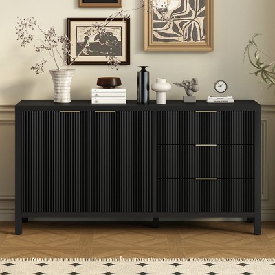 Modern Wave-Pattern Sideboard with Cabinets & Drawers, Acacia Wood Legs, Aluminum Handles, Functional Storage for Living Room