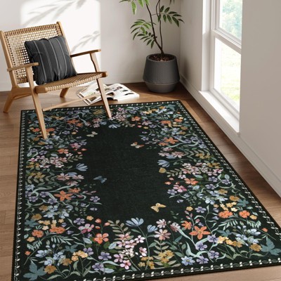 Lahome Short Velvet Geometric Floral Floor Mat-Natural Bio-Printed Soft Rug for Living Room, Bedroom, or Entryway