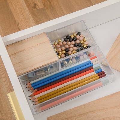 Clear Stackable Plastic Organizer Bins with Light Wood Lids, Set of 3