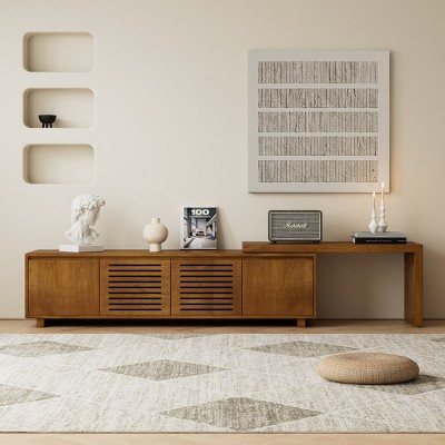 63" Mid-Century Modern Extendable TV Stand, Media Console for TVs Up to 75" with Storage and Adjustable Panel, Brown – Cuddlewood