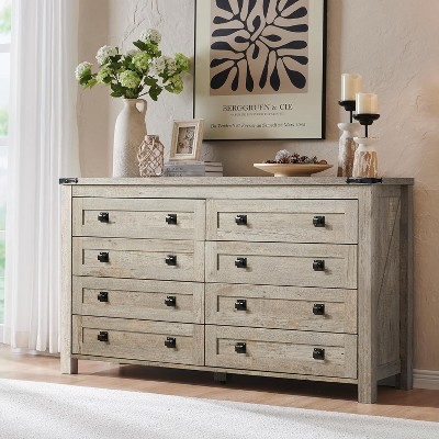 SinCiDo Farmhouse 8 Drawer Storage Dresser, 54" Wide Rustic Wooden Chest, TV Stand for Closet, Bedroom, Living Room, Hallway