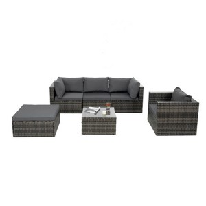 GlasFlength 6PCS Patio Seating Rattan Furniture Set Sectional Sofa Cushioned Garden, Tempered Glass Table, Grey, 28.94"*28.55"*24.8" - 1 of 4