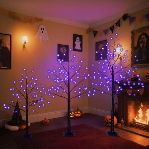 Angel Sar 3-Pack Halloween Spooky Tree Set, 4FT 5FT 6FT Lighted Black Trees with Purple LED Lights, Adjustable Branches for Indoor Outdoor Decor - 1 of 4