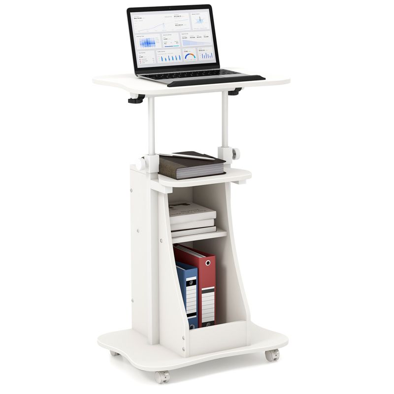 Costway Mobile Podium Stand  Height Adjustable Laptop Cart with Storage Compartments Rolling Lectern with Lockable Casters for Classroom Office White, 1 of 10