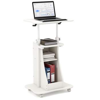 Costway Mobile Podium Stand  Height Adjustable Laptop Cart with Storage Compartments Rolling Lectern with Lockable Casters for Classroom Office White