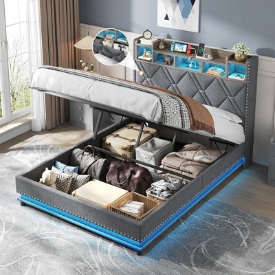 Lift Up Platform Bed Frame with Storage Headboard, LED Light & Charging Station