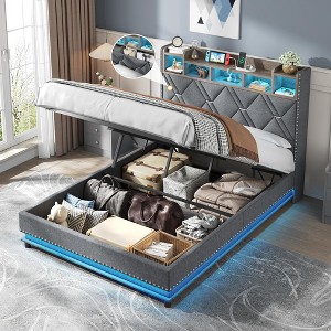 Lift Up Platform Bed Frame with Storage Headboard, LED Light & Charging Station - 1 of 4