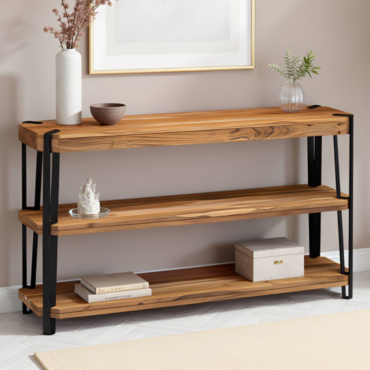 Alaterre Furniture Ryegate Metal And Wood TV Stand for TVs up to 55" Natural Brown: Media Console with Open Back, Acacia Surface