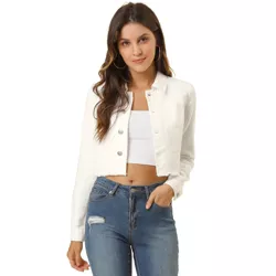 Allegra K Women's Jean Jacket Frayed Button Up Washed Cropped Denim Jacket White L