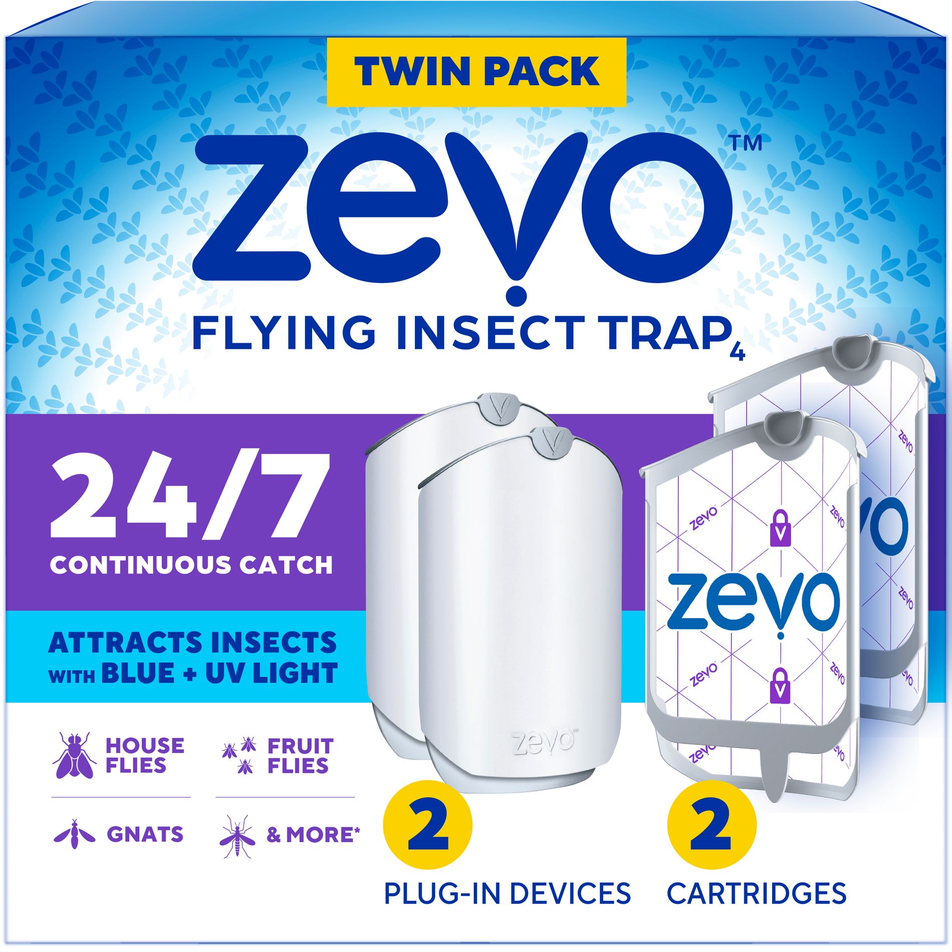 Zevo Flying Insect Indoor Light Fly Trap Starter Kit, Catches House Flies, Fruit Flies, Gnats & More - 2 Traps + 2 Refills