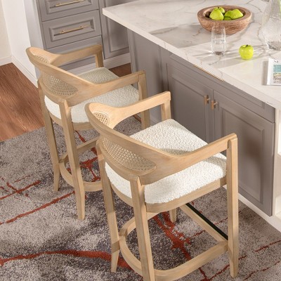 Ivory White Bouclé 26" Cane Back Counter Stool with Oak Frame
