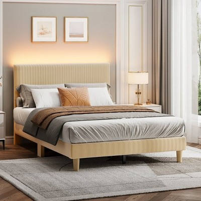 Bestier Corduroy Upholstered Queen Bed Frame with Adjustable Headboard, Platform Bed Frame with LED Light, Solid Wood Slats, No Box Spring Needed