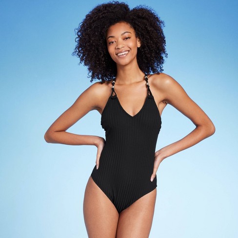 Women's Ribbed Bead Knot Detail One Piece Swimsuit - Shade & Shore™ Black XS