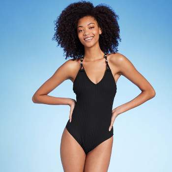 Women's Ribbed Bead Knot Detail One Piece Swimsuit - Shade & Shore™ Black