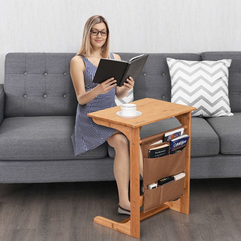 Costway Bamboo Sofa Table Laptop Desk Coffee Snack End Table Bedside Table W/Storage Bag, 5 of 11