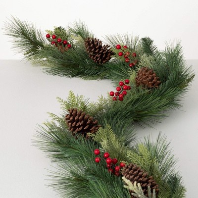 6'L Sullivans Pine And Berry Garland, Green Christmas Garland