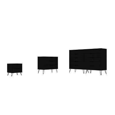 Rockefeller 10 Drawer Dresser, 3 Drawer Dresser and 2 Drawer Nightstand Set Black - Manhattan Comfort