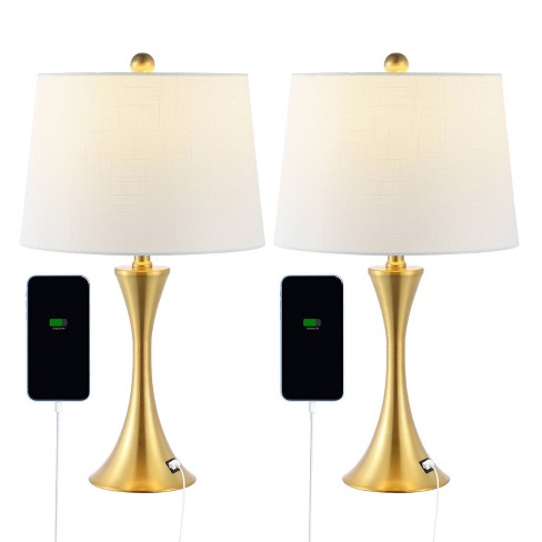 360 Lighting Camile Modern Table Lamps 25 High Set of 2 Brass Metal with  USB Charging Port Oatmeal Drum Shade for Bedroom Living Room Bedside Desk