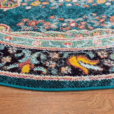 Navy and Turquoise Round Synthetic Floral Area Rug