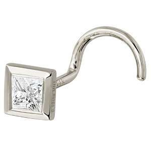 Jewelry Avalanche Bezel Set Princess Cut Moissanite Nose Screw Nose Stud, Solid 14K Gold, 22G - 1 of 4