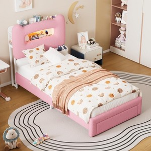 UpholsteredBed Frame with 2-Tier Storage Headboard, LED Platform Bed with Charging Station and Drawer for Kids/Girls/Boys - 1 of 4