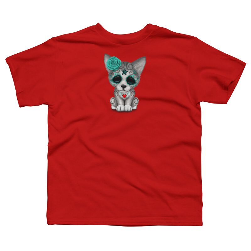 Boy's Design By Humans Blue Day of the Dead Sugar Skull Wolf Cub By jeffbartels T-Shirt, 1 of 4