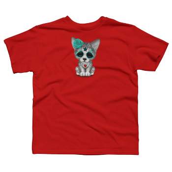 Boy's Design By Humans Blue Day of the Dead Sugar Skull Wolf Cub By jeffbartels T-Shirt