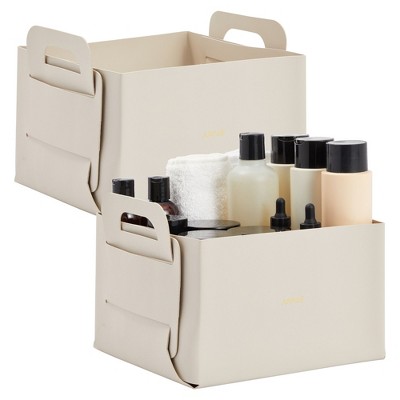 Juvale 2 Pack Faux Leather Foldable Storage Bins with Handles, Collapsible Baskets for Home Organization, Grey, 10x9.5x6.5 in