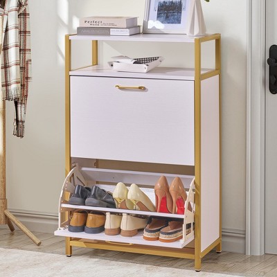 VECELO Shoe Storage Cabinet with 2 Flip Entryway Modern Slim Hidden Freestanding Organizer with Metal Legs, White