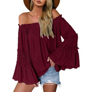 Imily Bela  Womens Off The Shoulder Top Long Bell Sleeve Blouse Loose Fit - 1 of 4