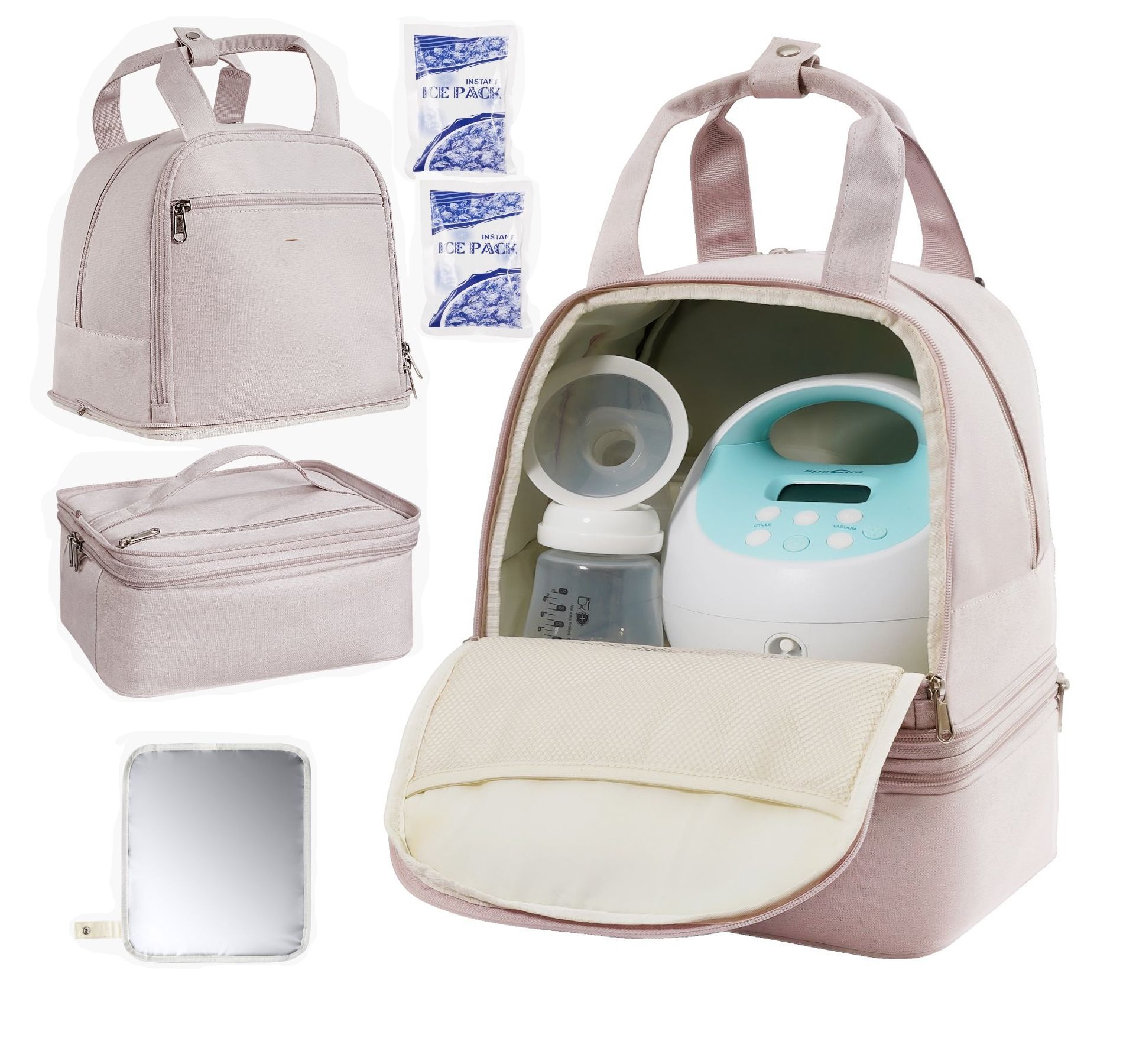 Breast Pump Backpack with Ice Pack, Portable Breast Feeding Bag for S1/S2 & Breastmilk Storage, Light Pink