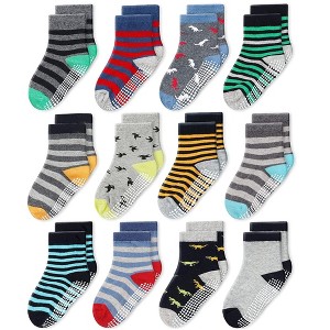 Cozyway Non-Slip Crew Grip Infant Socks, 12 Pack for Boys, Stripes & Dinosaur Design, 6-12 Months - 1 of 4