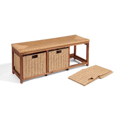 Brown Pine Kid's Storage Bench with Woven Top and Baskets