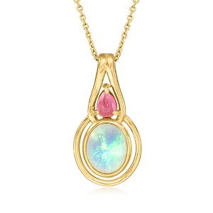Ross-Simons Opal and .50 ct. t.w. Pink Tourmaline Pendant Necklace in 18kt Gold Over Sterling Size 18 - 1 of 3