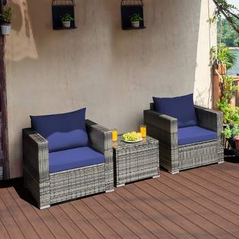 Costway 3 PC Patio Rattan Furniture Bistro Set Cushioned Sofa Chair Table White\Navy