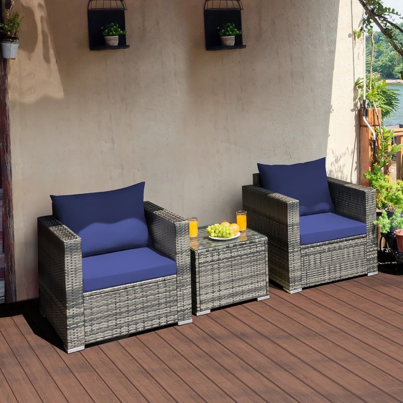 Costway 3 PC Patio Rattan Furniture Bistro Set Cushioned Sofa Chair Table White\Navy, 1 of 11